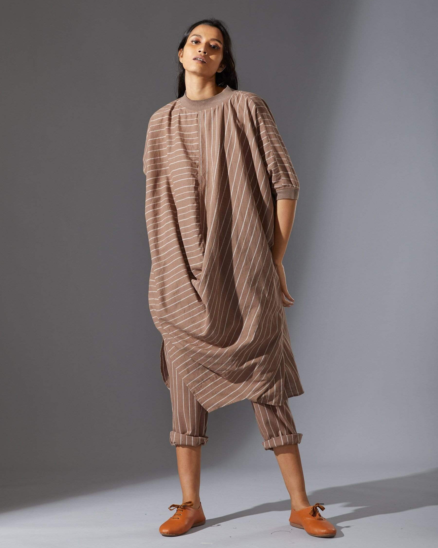 Mati Beige Cowl Tunic With Ribbed Collar