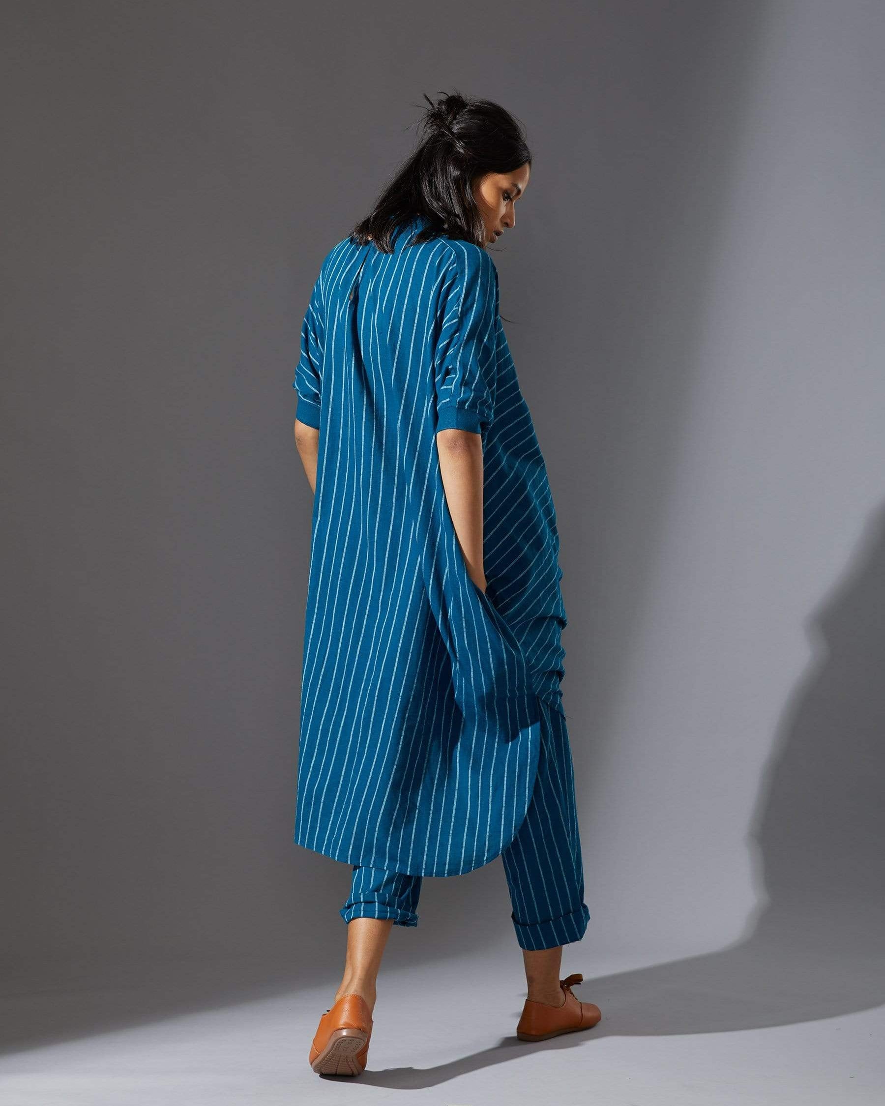 Mati Blue Cowl Tunic With Ribbed Collar