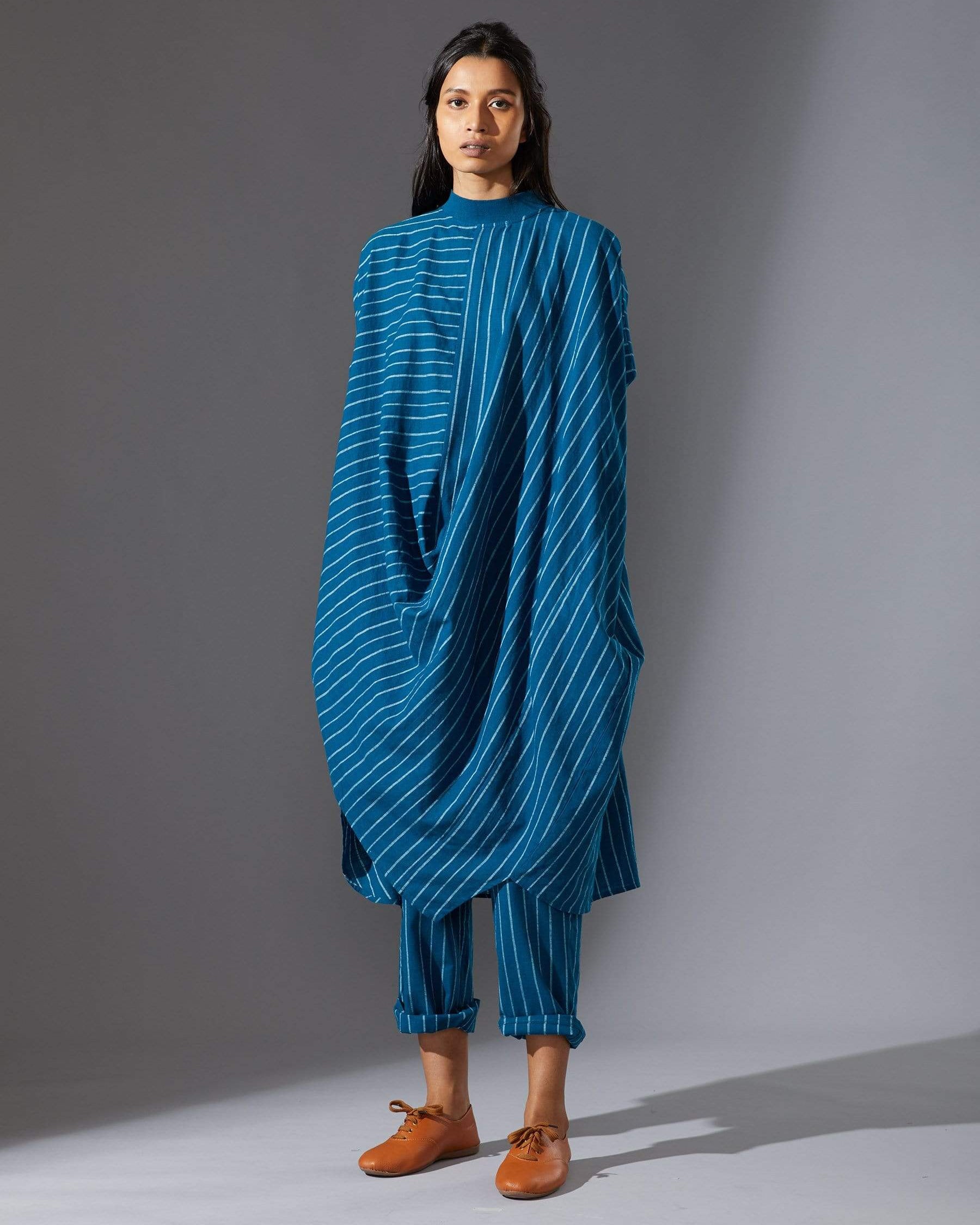 Mati Blue Cowl Tunic With Ribbed Collar