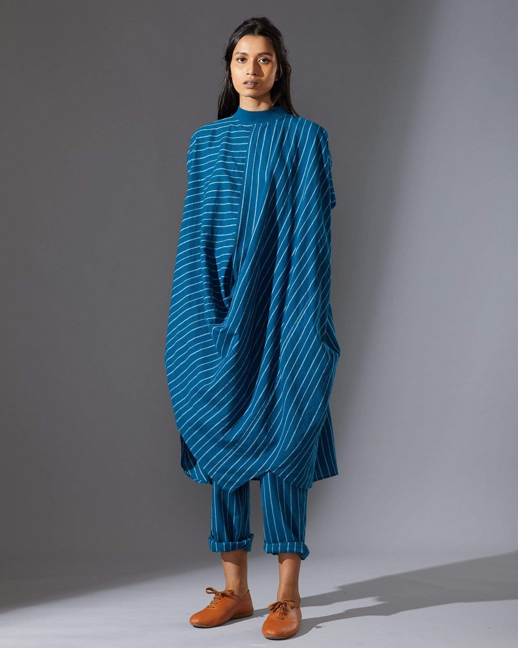 Mati Blue Cowl Tunic With Ribbed Collar