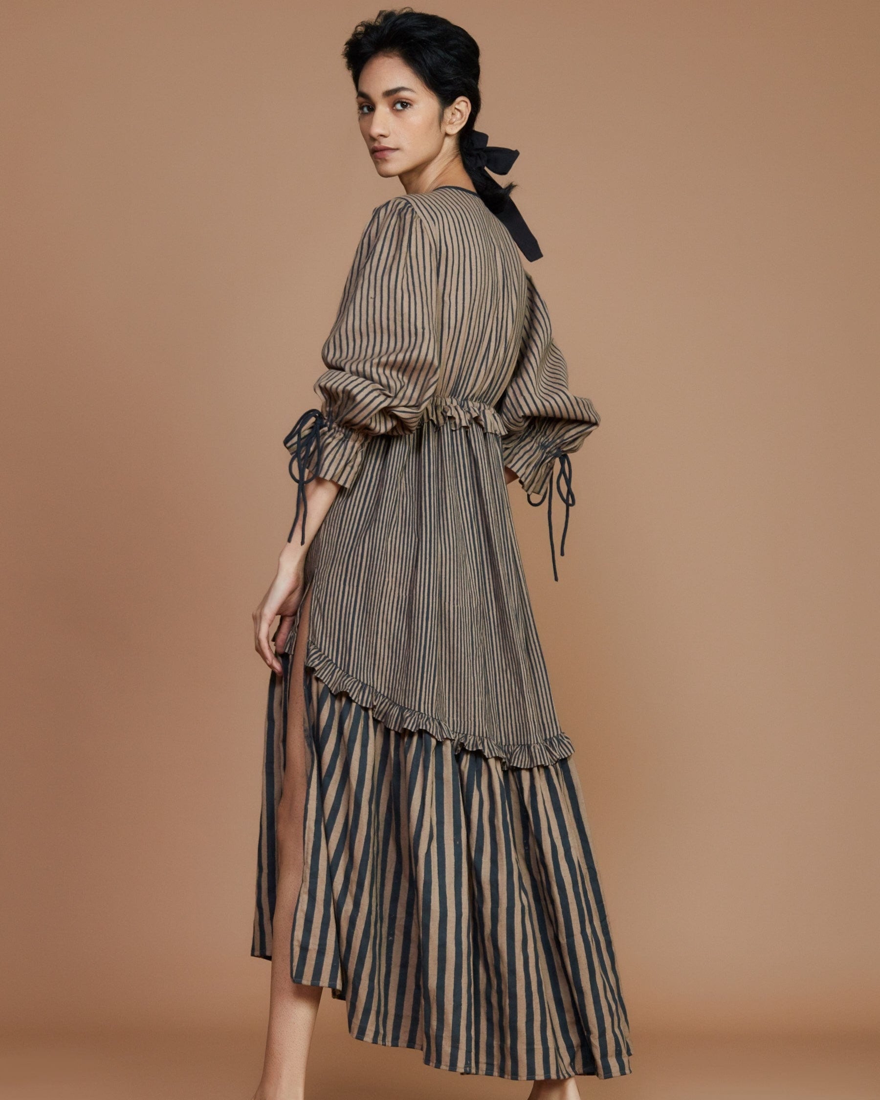 Tiered Frill Brown Striped Dress