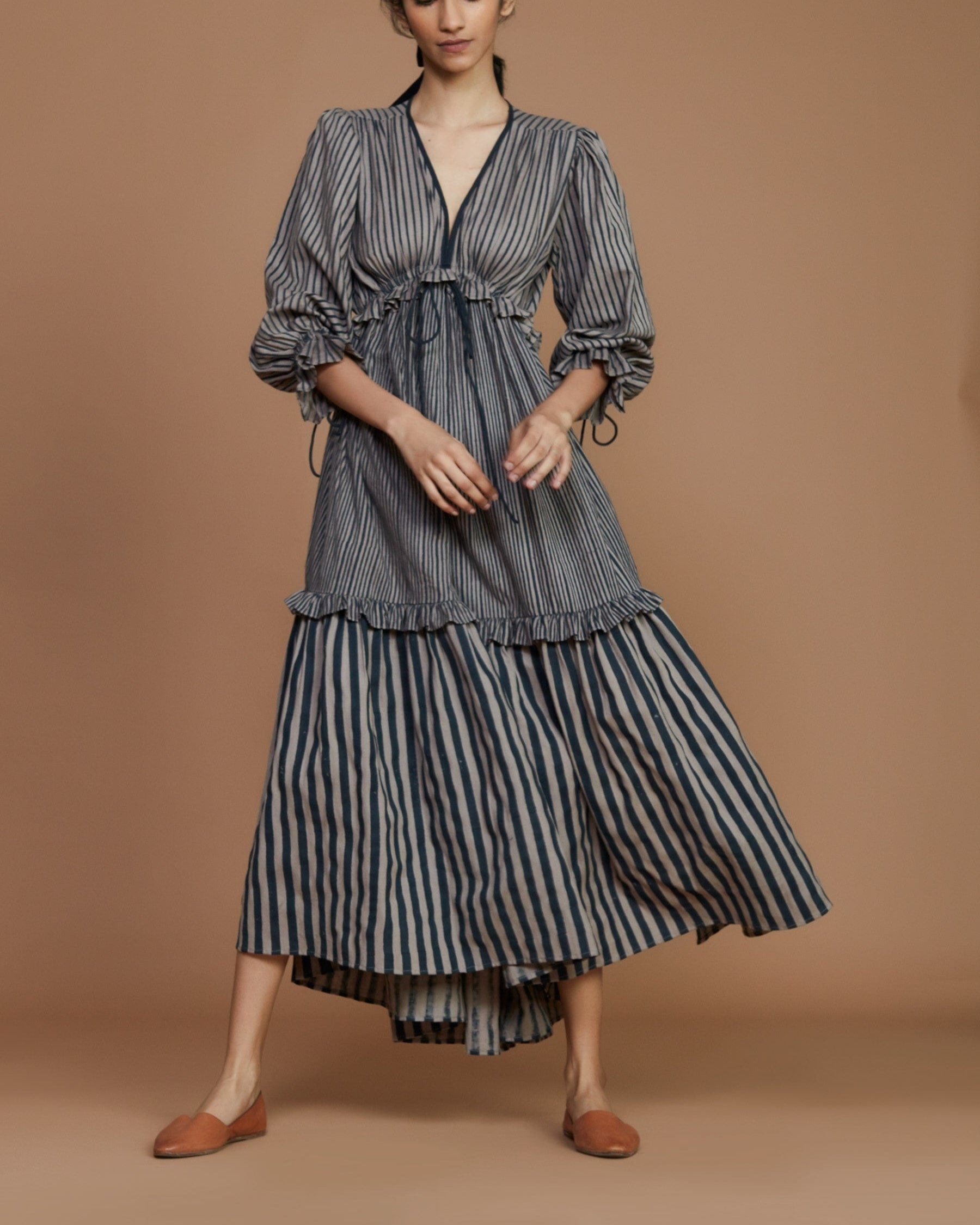 Tiered Frill Grey Striped Dress