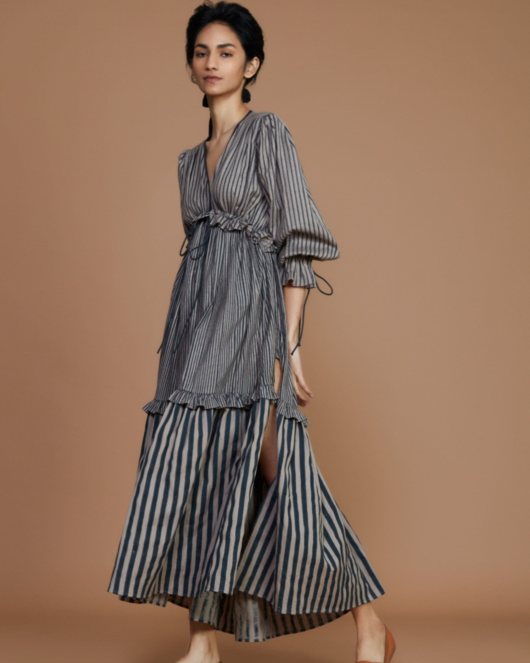 Tiered Frill Grey Striped Dress