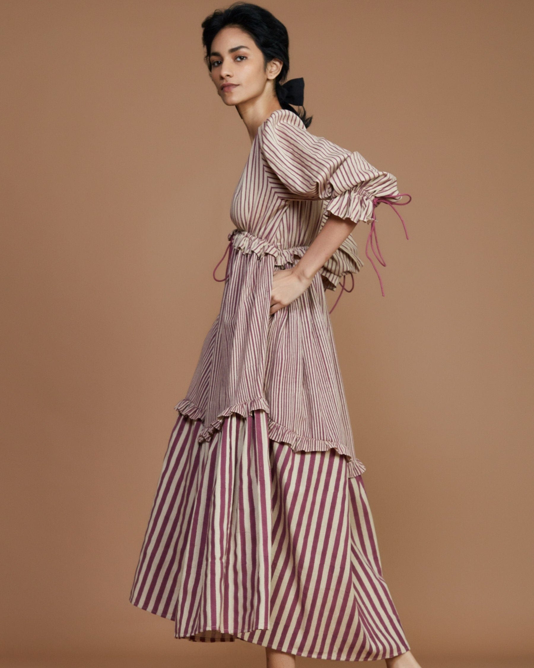 Tiered Frill Mauve Striped Dress