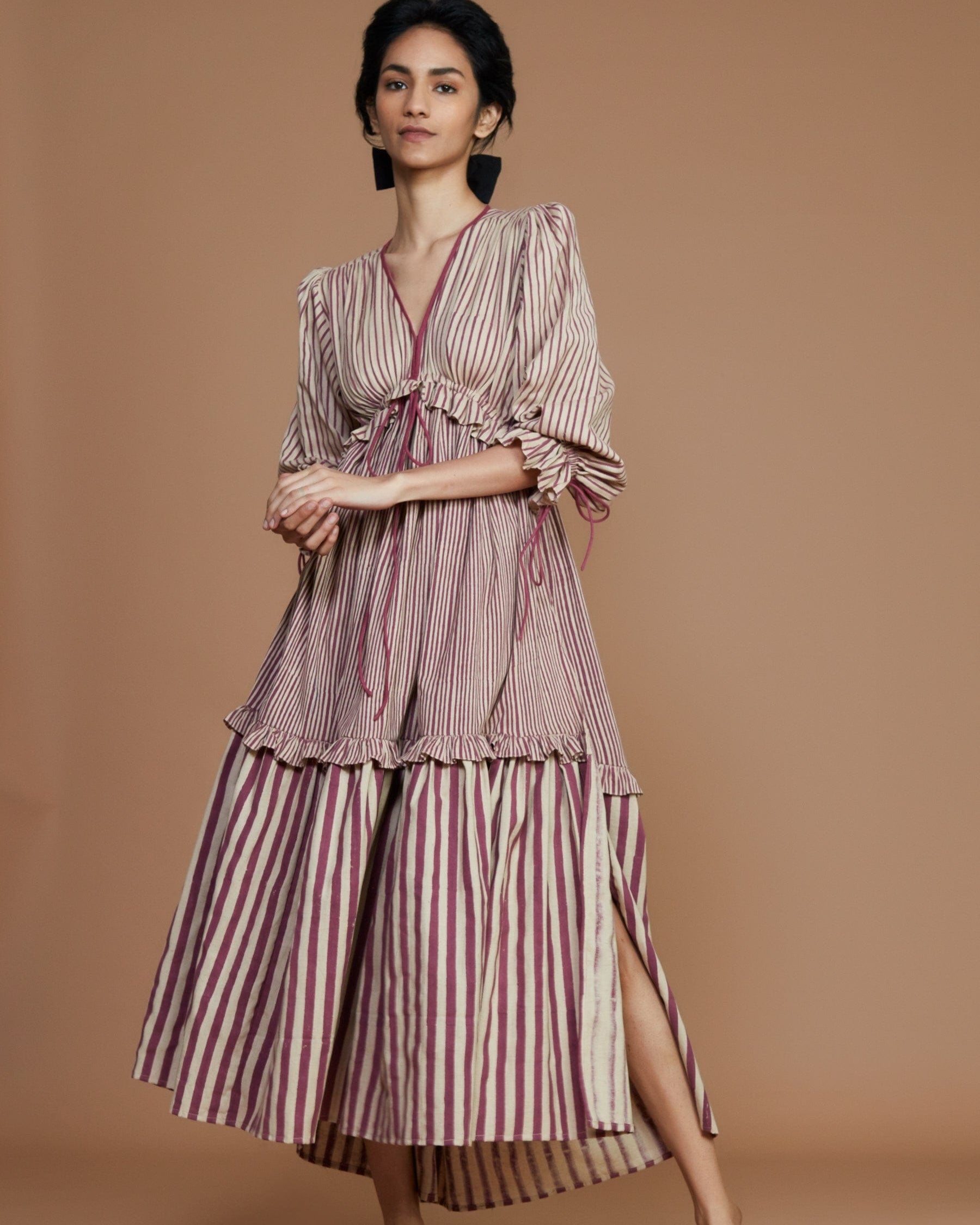 Tiered Frill Mauve Striped Dress