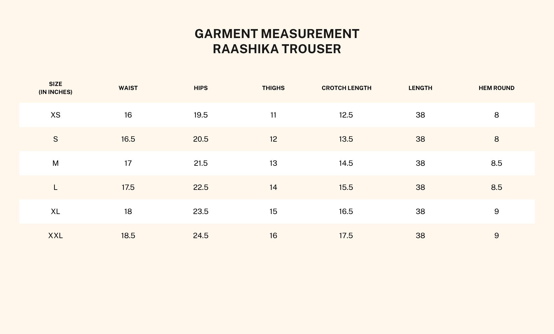 Garment measurements for Raashika Trouser
